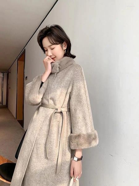 Cappotto da donna in lana 2023 invernale fatto a mano doppio lato lana cashmere lungo caldo sottile collo vero con cintura