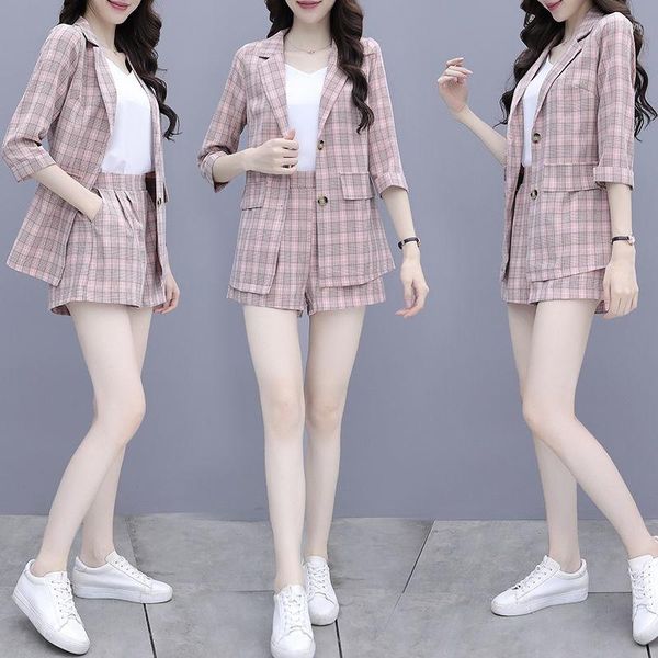 Calça feminina ternos de calça de caldo de casaco feminino de verão coreano Jaqueta de terno casual calça curta feminina retrô de três peças conjunto de treliça