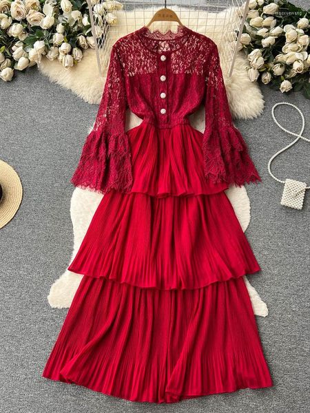 Vestidos casuais Mulheres vestido de verão flare sleeve renda cortada saia de bolo de retalhos com cintura para uma fada fina de comprimento médio D3387