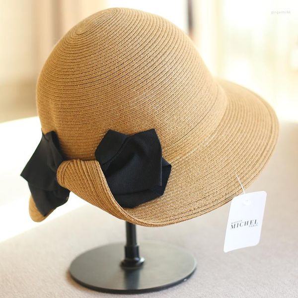 Cappelli a tesa larga Primavera/Estate Paglia con Nodo a fiocco Per donna Stile giapponese Casual Secchiello Retrò Elegante Cappelli stile fedora Di tendenza Ripiegabile Sole