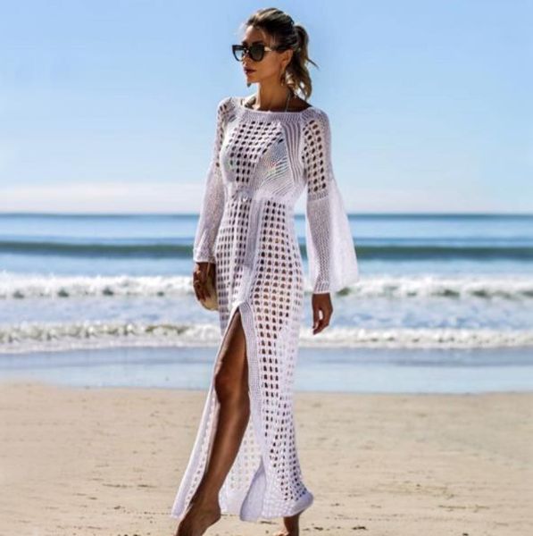 Cover-up 2022 sexy feminino verão chique senhoras branco biquíni cobrir praia split vestido ver através de malha crochê coverups maiô