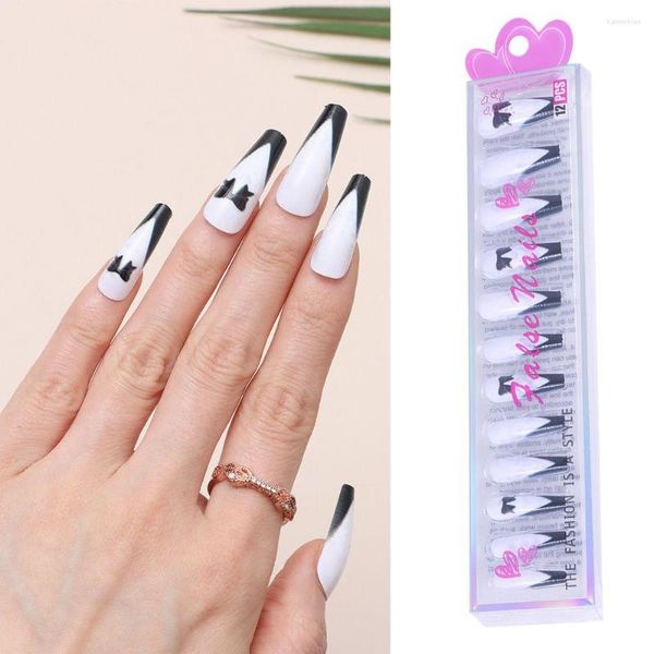 Unghie finte 24 pezzi Suggerimenti per nail art a copertura totale Bisogno di disegni in stick di colla Falso design francese Farfalla Bianco Rosa