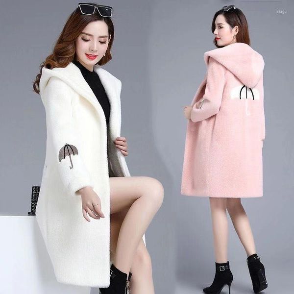 Lana da donna 2023 Cappotto da donna Lungo Giacca a vento in velluto di agnello biancoAutunno e abbigliamento invernale Simple Ladies Casual Pink Female Hoody 769