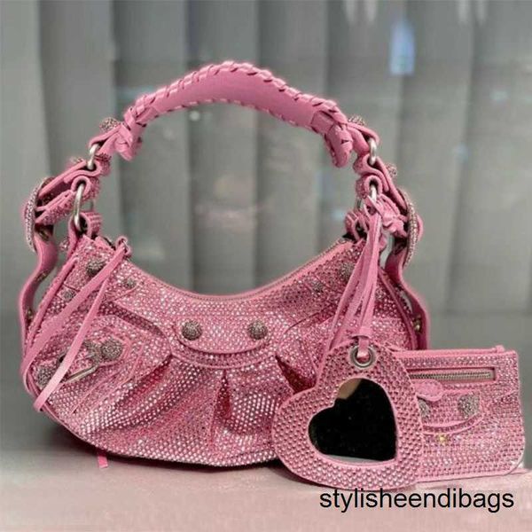 Borse firmate Borsa da moto Borsa a tracolla con strass 5a Borse a tracolla Ciondolo a specchio a forma di cuore in vera pelle Chiusura con cerniera Borsa a mezzaluna da donna