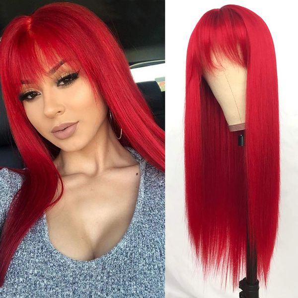 Kırmızı renk uzun ipeksi düz peruklar Patlama Sentetik Moda Kadınlar İçin Dantel Peruk Yok Partisi Cosplay için Isıya Dayanıklı Doğal Görünümlü Saç Peruk