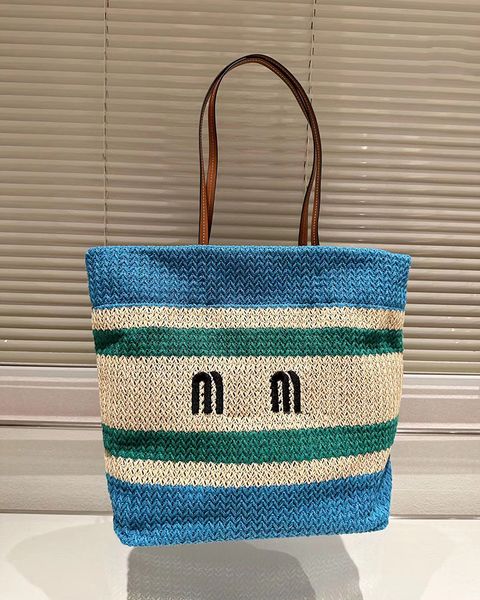 Сумки для пляжного плеча дизайнер плетения сумки сумочки летовая синяя женщина соломенная синяя полоса