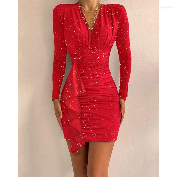 Abiti da festa Vestito sexy Moda Scollo a V rosso Vita aderente Spolverata Sottile arruffato