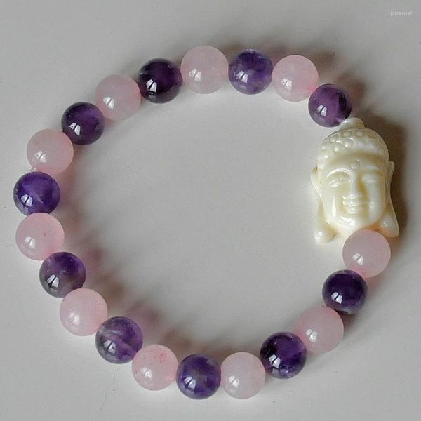 Strand Violet Quartz RoseQuartz Bouddha Bracelet Chakra Guérison Méditation Troisième Oeil Prière Esprit Spirituel Corps Esprit Amour