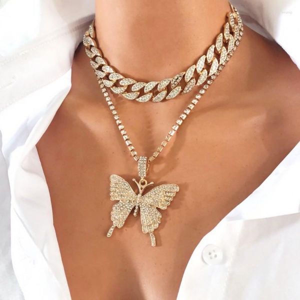 Подвесные ожерелья Hip Hop Iced Out Bling Butterfly для женской девочки Choker Модные ювелирные украшения набор Miami Кубинская цепь Y2K аксессуары