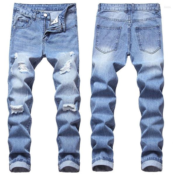 Erkekler Kot erkek denim yırtılmış büyük boy 28-42 pantolon klasik patchwork kesme basılı moda