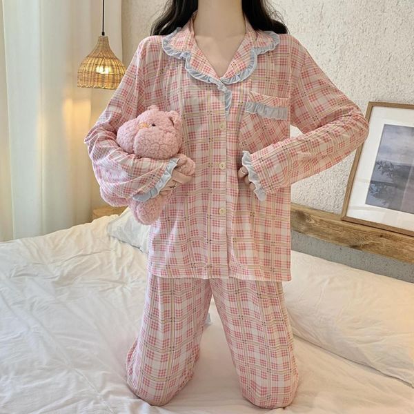 Menas de dormir feminina coreana rosa grade de pijama de garotas definidas para a primavera