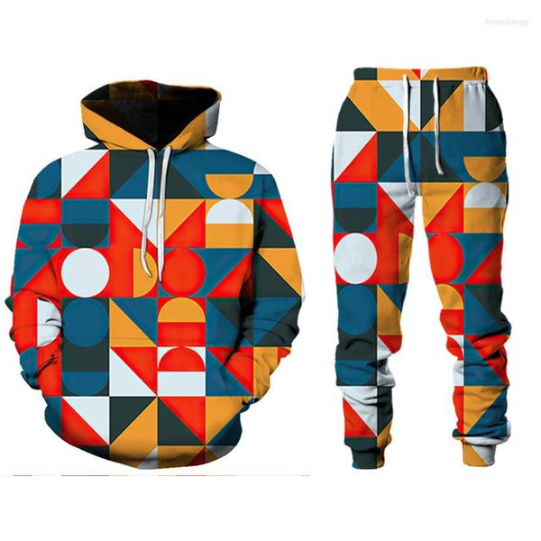 Erkekler Trailsits Marka Özelleştirilmiş 3D Baskılı Hoodie ve Pantolonlar Erkekler İçin Soyut Geometrik Desenler Kadınlar İki Parçalı Moda