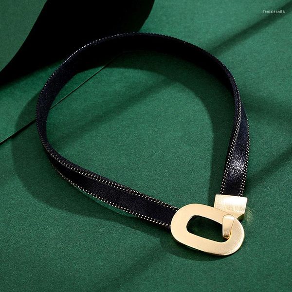 Choker Punk Schwarz PU Leder Gürtel Form Halskette Für Frauen Hiphop Metall Verschluss Schlüsselbein Kette Weiche 2023 Gothic Schmuck