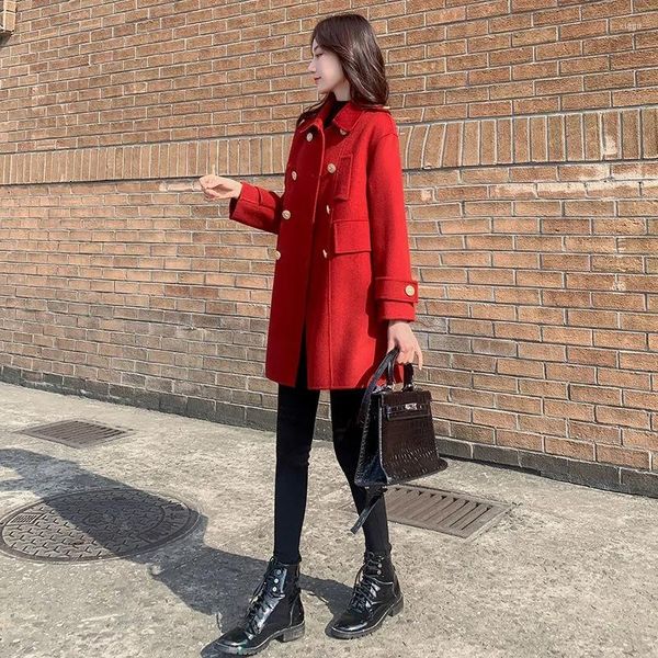 Frauen Wolle Schnell Schwarz Woolen Mantel frauen Mid-Lange 2023 Frühling Herbst Hepburn Stil Rot Femme Jacke Lose botton