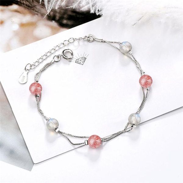 Link Bracelets Sole Memória Strawberry Crystal Moonstone Ball Ball Silver Color Feminino Redicável SBR196