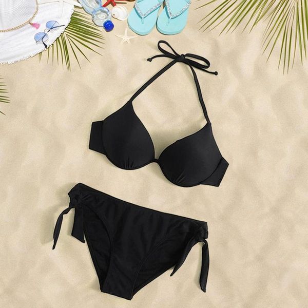 Costumi da bagno da donna Sexy Fashion Beach Bikini Costume da bagno Set Nero Appeso al collo Lace Up Bandeau Thongs Femminili Trunks Costumi da bagno 2023