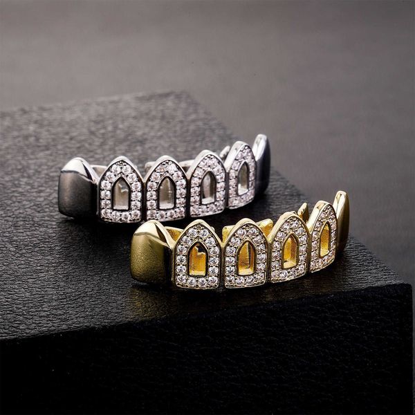 Хип -хоп полой палкой вверх по вампиру 6 зубные грили алмаз зубы зубов зубы Грильц Установите 14 тыс. Реальное золото кубическое циркониевое хэллоуин