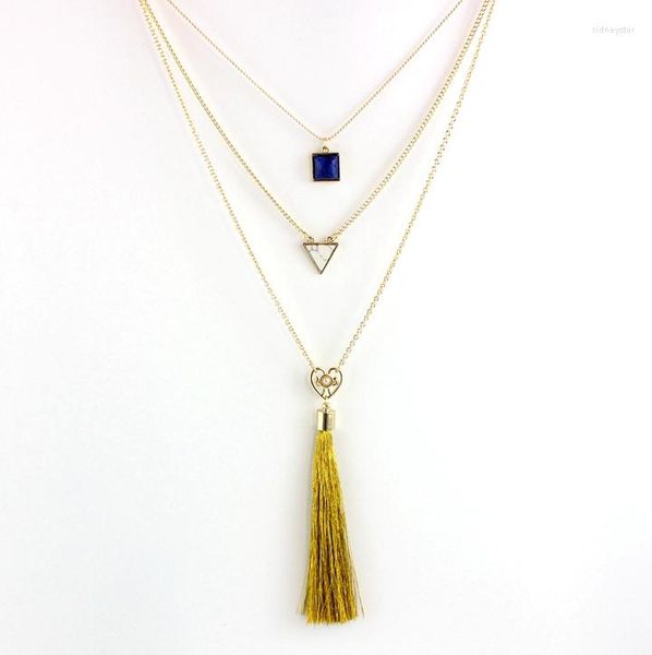 Colares pendentes 2023 Dazzle personalizado Iridescente em camadas de pedra geométrica Golden Tassel Long Colar para mulheres