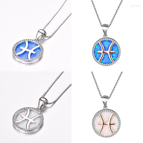 Anhänger Halsketten Boho Weibliche Fische Halskette Mode Silber Farbe Choker Kette Weiß Blau Feuer Opal Für Frauen