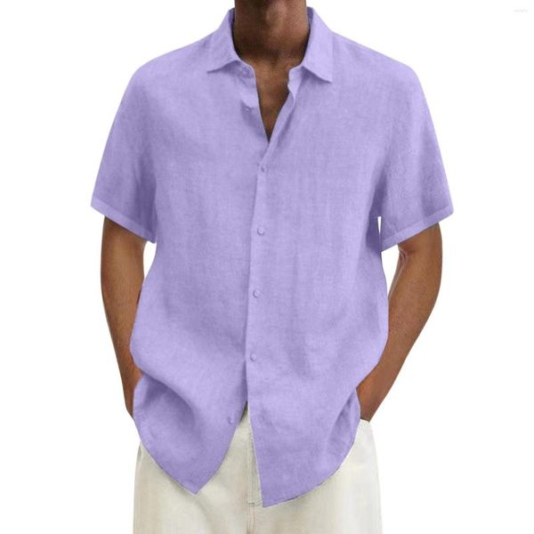Camisas casuais masculinas Hawaii Solid Solid Soly Slove Shorve Shorve Double Pocket Double Turn Down Button Blend Cotton Blend