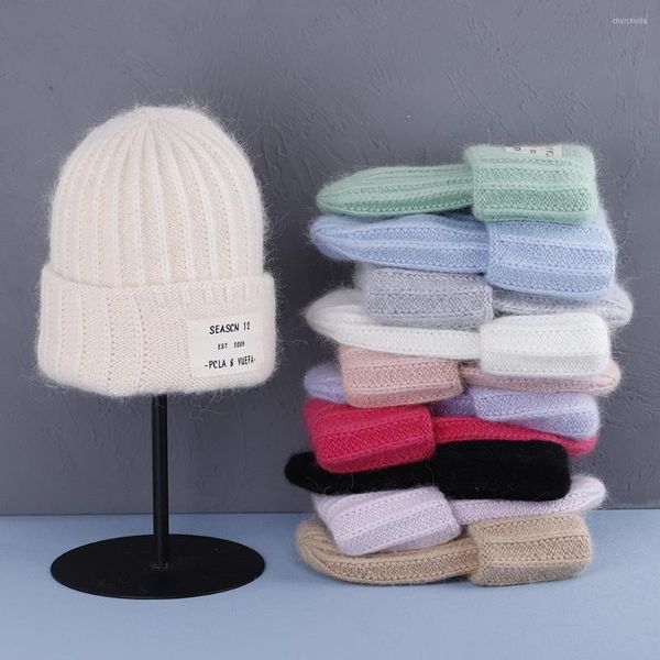 Boinas 2023 Chapéu de inverno de pele para mulheres gorros macias moda quente cor de cor sólida angora skullies