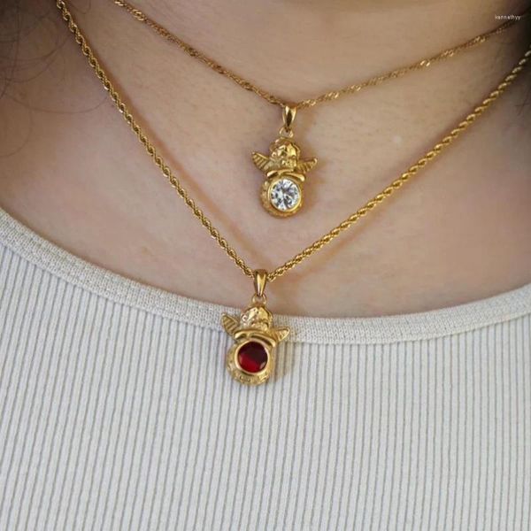 Catene Collana girocollo intarsiata con pietra portafortuna in acciaio al titanio vintage per donna Gioielli con collane a catena con pendente a forma di angelo color oro