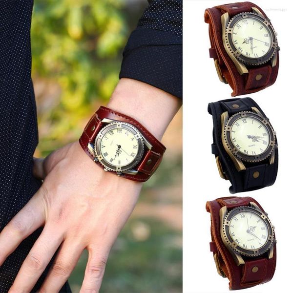 Principal Vintage Numerais Romanos Gear Faux Leather Band Men Wrist Bracelet Quartz Watch