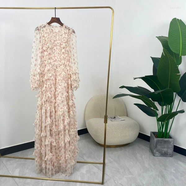 Sıradan Elbiseler En Kaliteli Kadın Giyim 2023 Sonbahar Pembe Çiçek Baskı Basamaklı Fırralı Ağ Uzun Kollu Zarif Kek