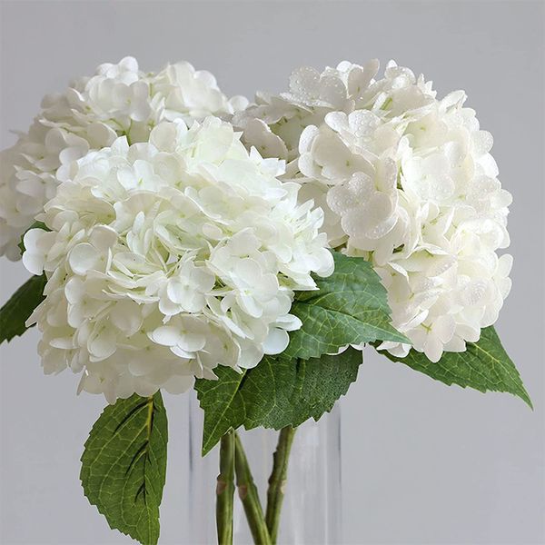 Flores decorativas grinaldas hidrangeias touch real touch real 21 polegadas grandes para decoração caseira de buquê de noiva 3pcs 230510