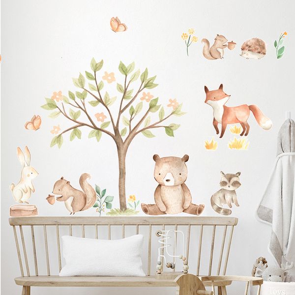 Decoração de festas desenho animado ilustração de animais fofo adesivo de aquarela adesivo de berçário decalques de parede removíveis Arte impressão infantil garoto quarto interior decoração 230510