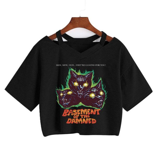 Camiseta verão casual gato impressão bonito colheita topo t camisa moda punk gótico manga curta vneck t solto vintage streetwear camisa feminina