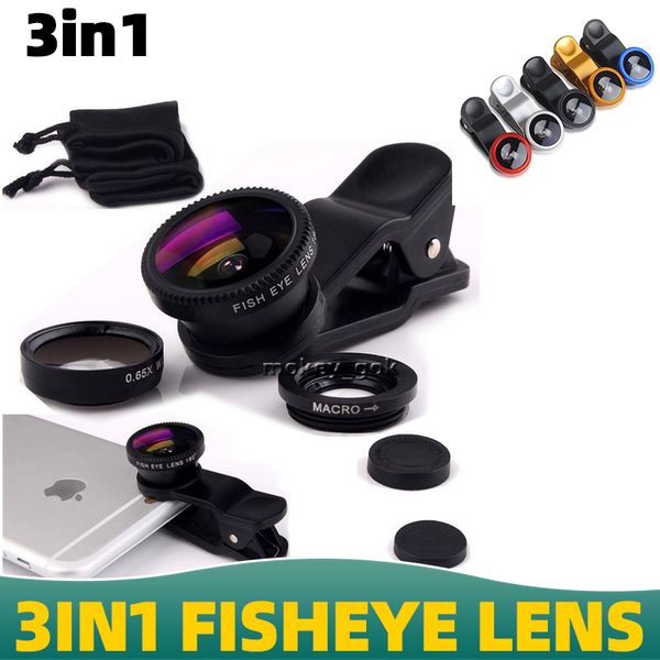 3-in-1-Fisheye-Objektiv, Metallclip, universeller Weitwinkel, Mikro, für iPhone, Huawei, Samsung, Xiaomi. Ohne Verpackung