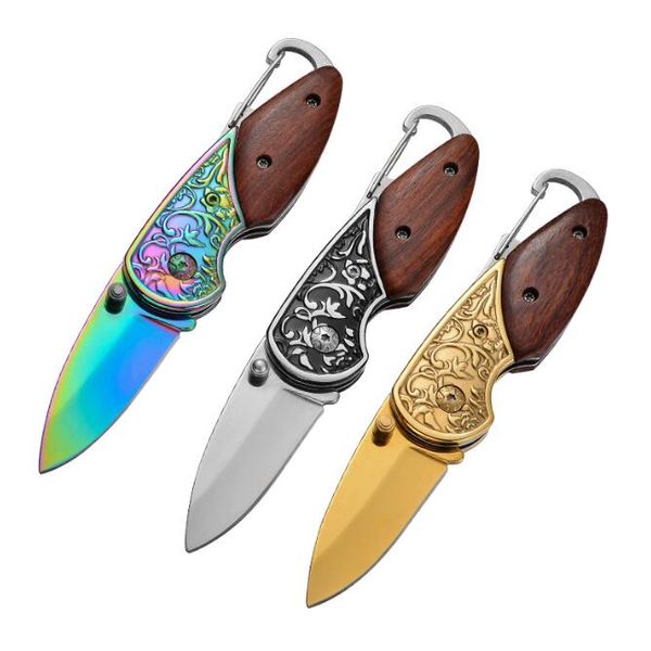 Coltello pieghevole tattico Mini coltello tascabile Lama in acciaio inossidabile Manico in legno Coltelli portachiavi Coltelli multiuso Coltello da sopravvivenza per caccia da campeggio all'aperto