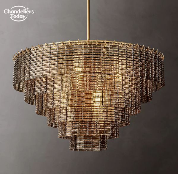 Sirene Smoke Glass Round Chandeliers Modern Retro LED Tiers Preto Luminária pendente para sala de jantar Sala de estar Iluminação interna de fazenda