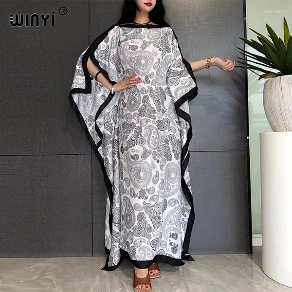 Kadın Mayo Winyi 2023 Yaz Müslüman Moda Boho Klasik Kaju Baskı İpek Kaftan Maxi Elbise Plajı Bohem için Lady için