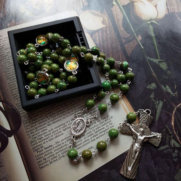 Collane con ciondolo Diyalo INRI Collana con croce di Cristo Gesù Pietra verde Rosario Catena con perline Donna Uomo Regalo di gioielli cattolici