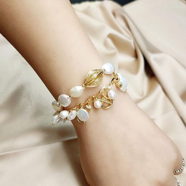 Link-Armbänder, handgefertigt, natürliche Süßwasser-weiße Barockperle, 2 Schichten, für Frauen, Hochzeit, Party, Femme, feiner Schmuck, Accesorios