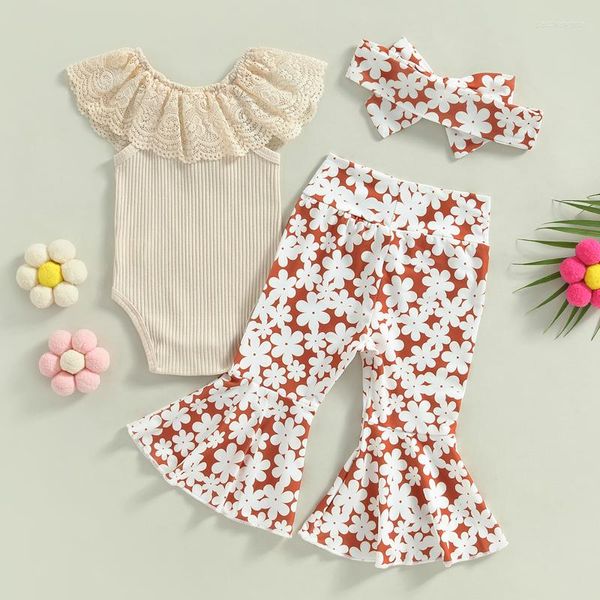 Kleidungssets CitgeeSummer Kleinkind Baby Mädchen Overalls Set Spitze Fliegende Ärmel Strampler Und Lässige Blumen Ausgestellte Hosen Stirnband Kleidung