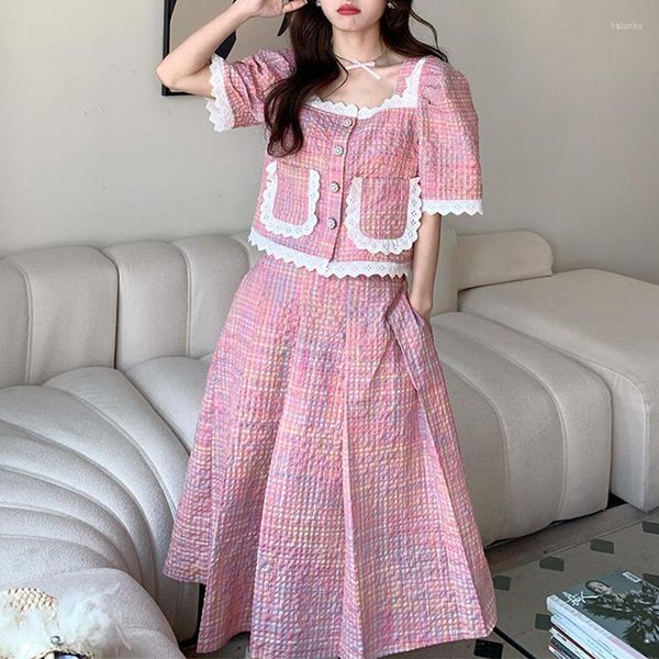 Zweiteiliges Kleid Sommer koreanische rosa Frau 2 Stück Set Kurzarm kleine Crop Top Mäntel Jacke Vintage A-Linie Mid Simple Rock Anzug