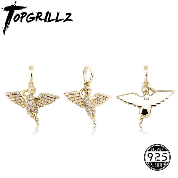 Colares pendentes TopGrillz 925 Sterling Silver Cherub Angel Wings Spread Spread CZ Micro Paving In Amarelo Branco Amarelo Hip Hop Jewelry Gift 230511