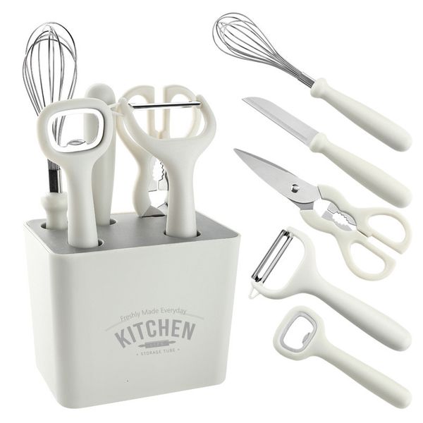 Utensili per frutta e verdura Gadget bianchi Set combinato con supporto per la conservazione Pelapatate Forbici Frullino per le uova Coltello per frutta Apribottiglie Strumento per cucinare verdure per la casa 230511