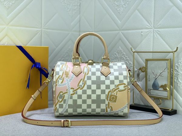 Mulheres náuticas rápidas bandouliere 25 Boston Bolsa Damier Azur Canvas Bolsa Crossbody Bolsa 2023 Coleção da Primavera Bolsa de ombro de Luxo N40473