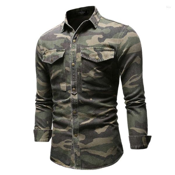 Camisas casuais masculinas de colarinho largo de colarinho comprido camisa de camuflagem verde jeans militar ao ar livre jaqueta de montanhismo