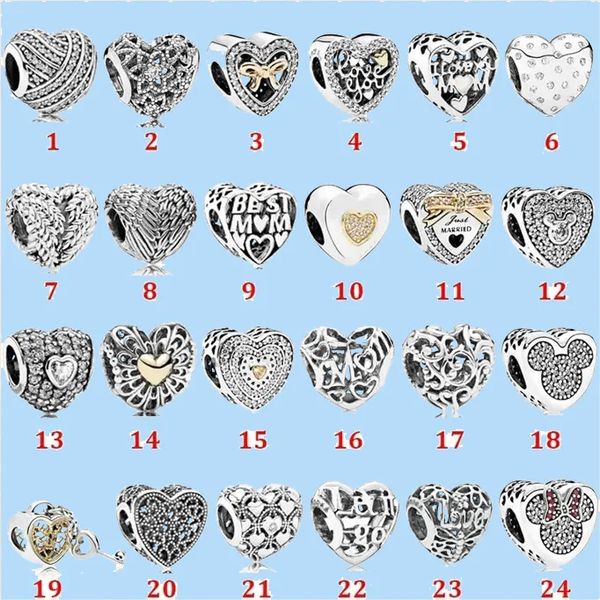 925 Gümüş Boncuklar Takılar Pandora Charm Love Heart Serisi Anahtar Pentagram Yay Boncukları