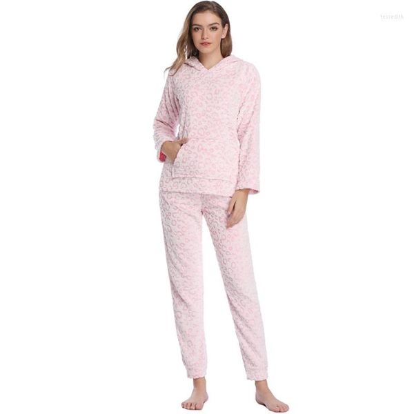 Kadın pijama kadınları bahar leopar pijamaları set pembe pijamalar sıcak oyuncak pole iki parça kapüşmeli