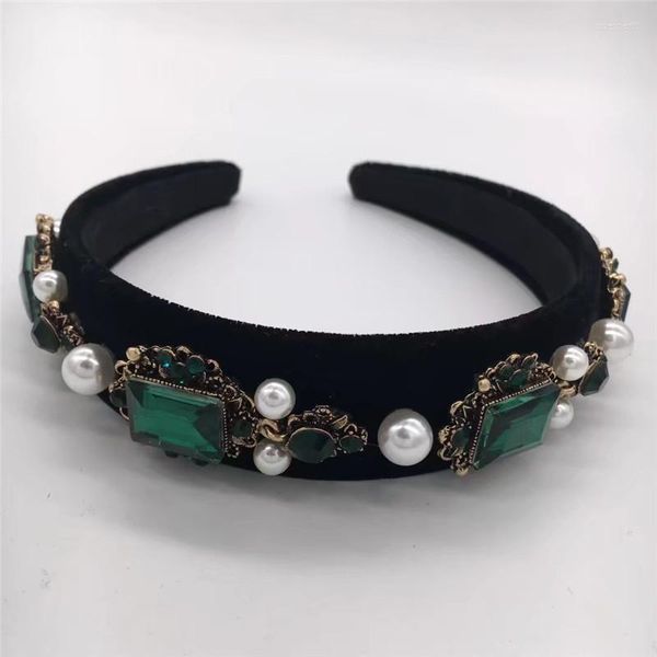 Fermagli per capelli Corona barocca vintage Tiara Cristallo verde Velluto Fascia Perla Accessori da sposa Gioielli per le donne Regali per acconciature da sposa