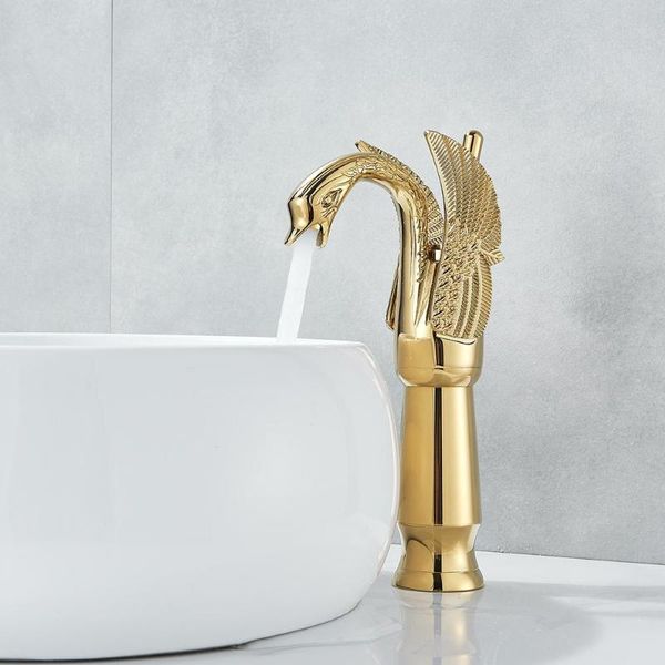 Badezimmer-Waschtischarmaturen, Waschbecken-Design, Schwanen-Wasserhahn, vergoldet/schwarz plattiert, Wasch-El-Luxus-Kupfer-Gold-Mischbatterien und kalt