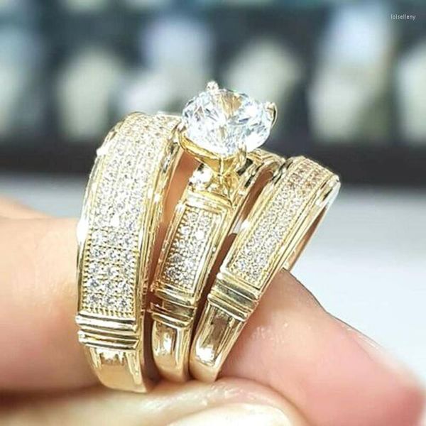 Anéis de casamento Huitan 2023 Trends Casal for Women/Men Luxury Gold Color Casthed Engagement Amante Modern Fashion Jewelry