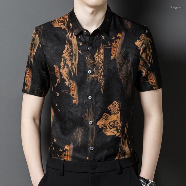 Camisas casuais masculinas estilo chinês de seda real high-end camise