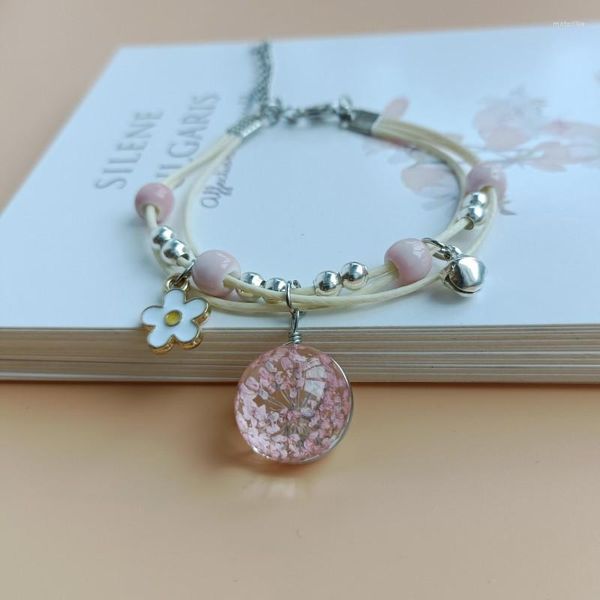 Link-Armbänder, süße Farbe, buntes Glas, Sakura-getrocknete Blumen, verstellbar, für Frauen und Mädchen, handgefertigt, gewebtes Wachsseil-Armband, Schmuck